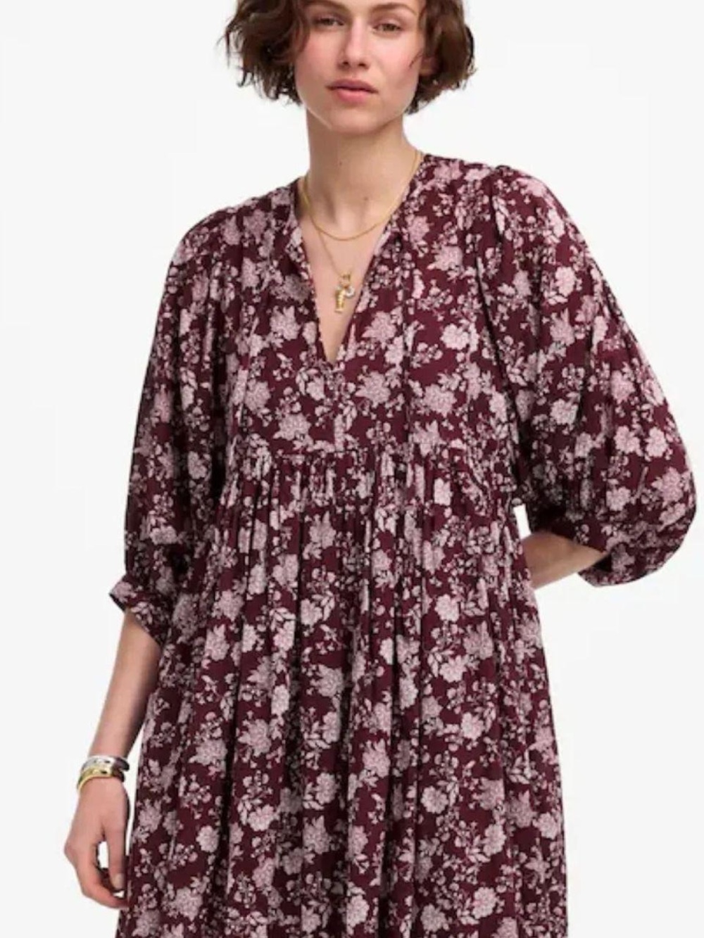 Madewell Burgundy Floral V-Neck Tunic Top